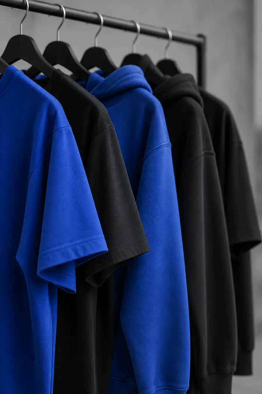 Plain t-shirts and hoodies hanging on a rail
