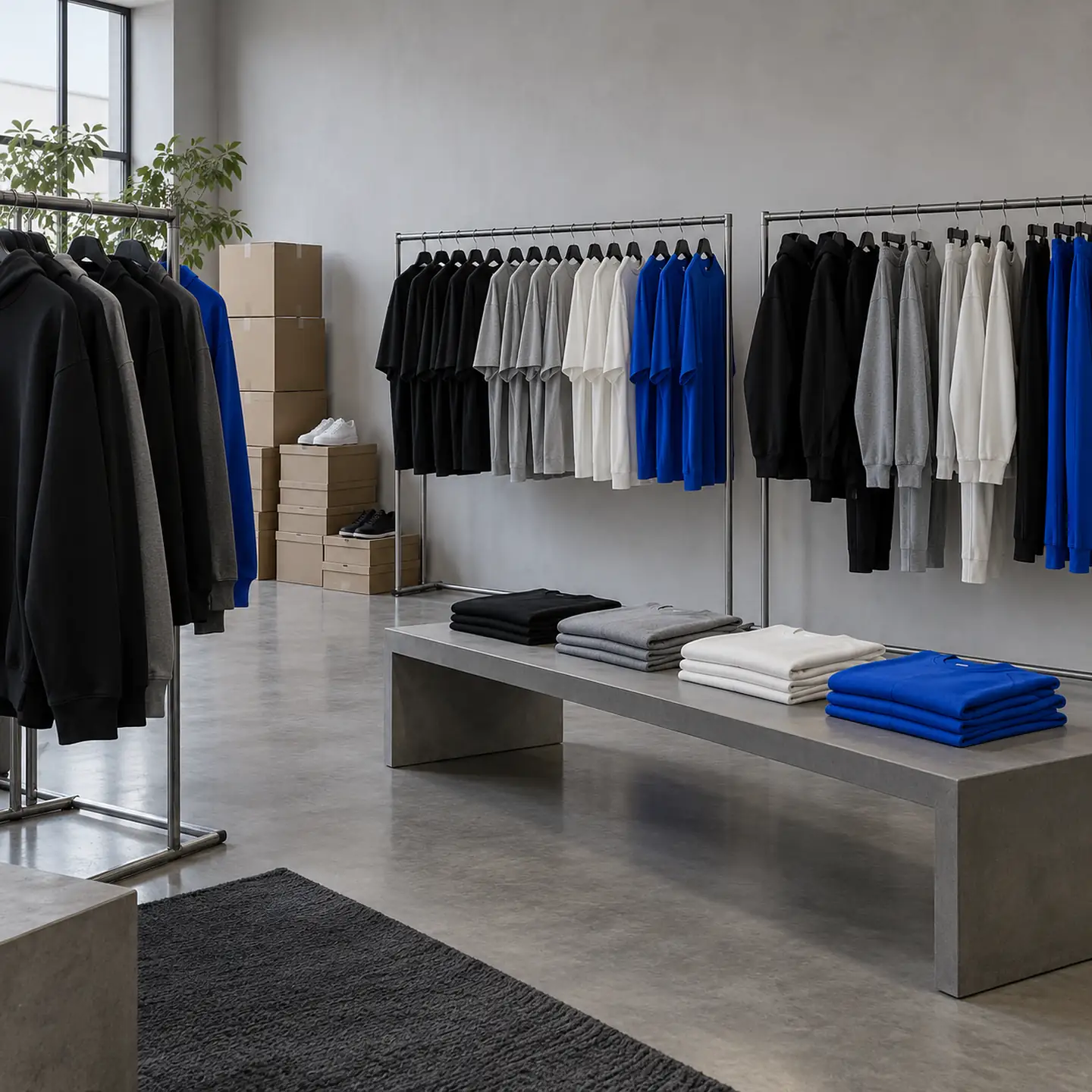 Showroom with rails of plain garments, folded stacks, shoe boxes and cartons